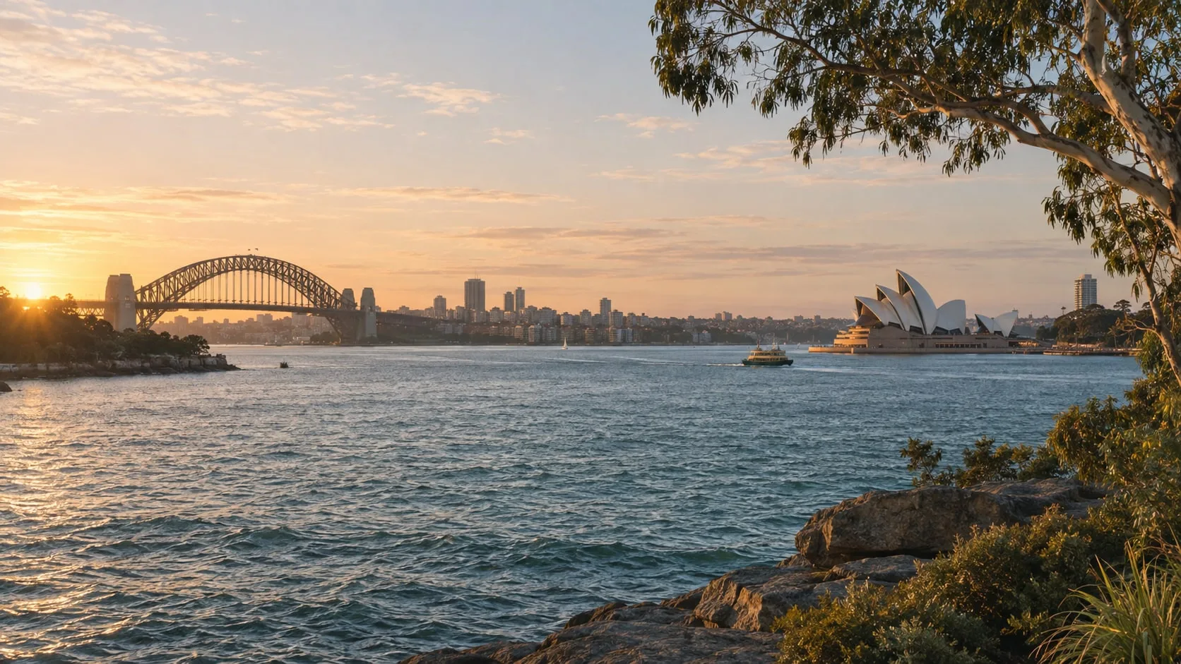 Sydney harbour, the Harbour Bridge and Opera House in soft morning light